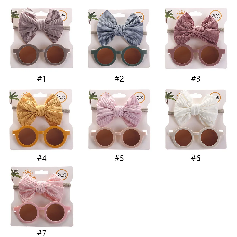 

2Pcs Kids Sunglasses Set Vintage Sun Glasses for Baby Girls Summer UV Protection Glasses with Bows Headband Hair Accessories