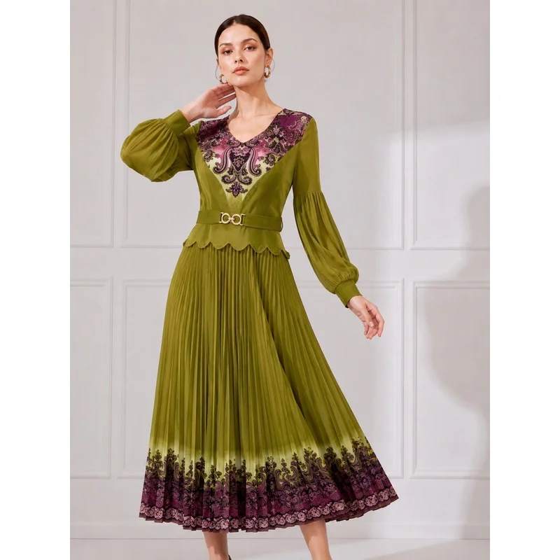 Vintage Embroidery Pleated Long-sleeved Full Length Formal Dress Women Elegant Party Miyake Chic Elastic Design Plus Size Dress