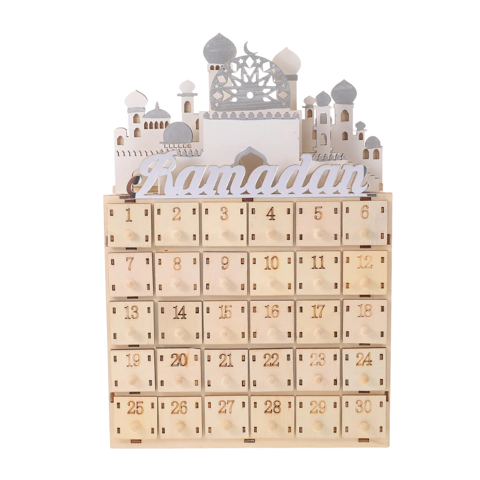 Wooden Ramadan Countdown Calendar with 30 LED Lit Days Castle Silhouette Eid Mubarak Festival Decor Islamic Home Party Desktop