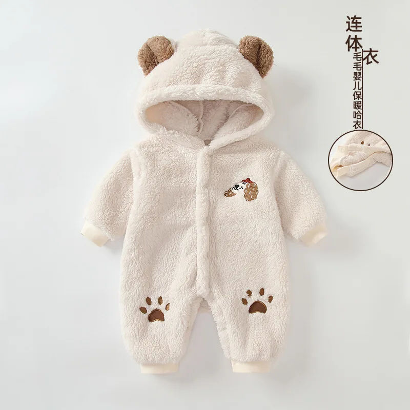 

Jenny&Dave Newborn baby autumn and winter jumpsuit, teddy bear shaped hooded climbing suit, half year old baby plush and warm co