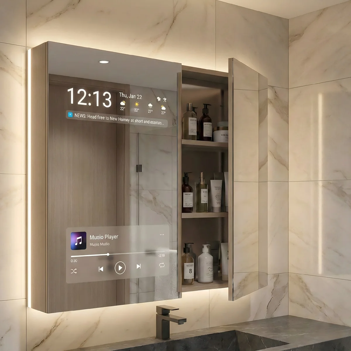 

Kingstin Smart Mirror Cabinet: Android System, LED Backlit, Weather & Music Display, Touchscreen Bathroom Storage Solution