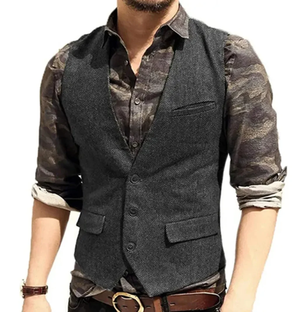 Black Flip Pocket Men Suit Vest V Neck Jacket Herringbone Tweed Business Waistcoat Wedding Groomman Clothing Victorian Steampunk