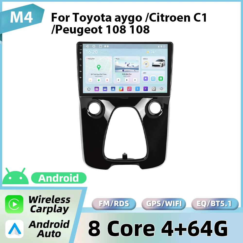 Podofo 10'' autoradio voor Toyota Aygo 2015/Citroën C1 2020/Peugeot 108 draadloze CarPlay Android autoradio WIFI GPS 2din radio