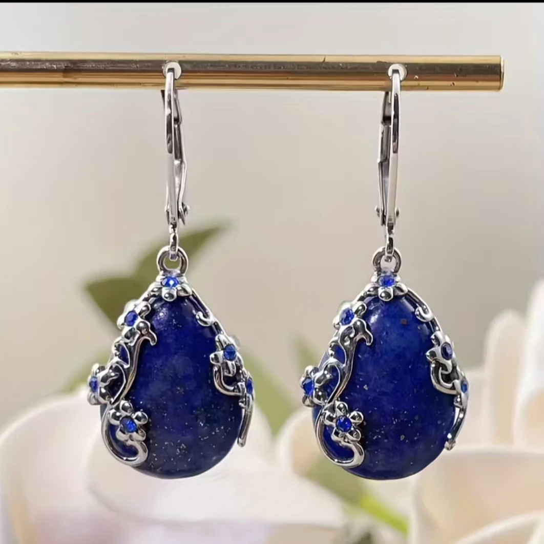 Women's Denim Blue Lapis Teardrop Earrings Stainless Steel Tiger Eye Dangle Earings for Women Jewelry