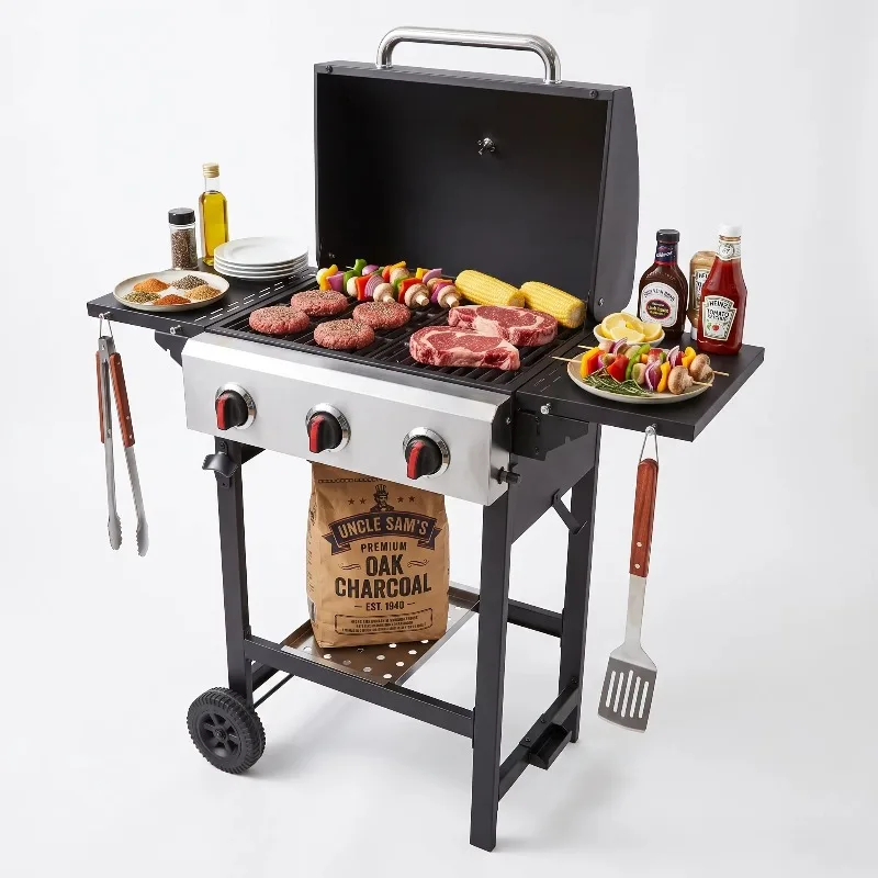 Heavy Duty Outdoor Black Hood 3 Burner BBQ Gas Grill Foldable Side Tables Stainless Steel Patio
