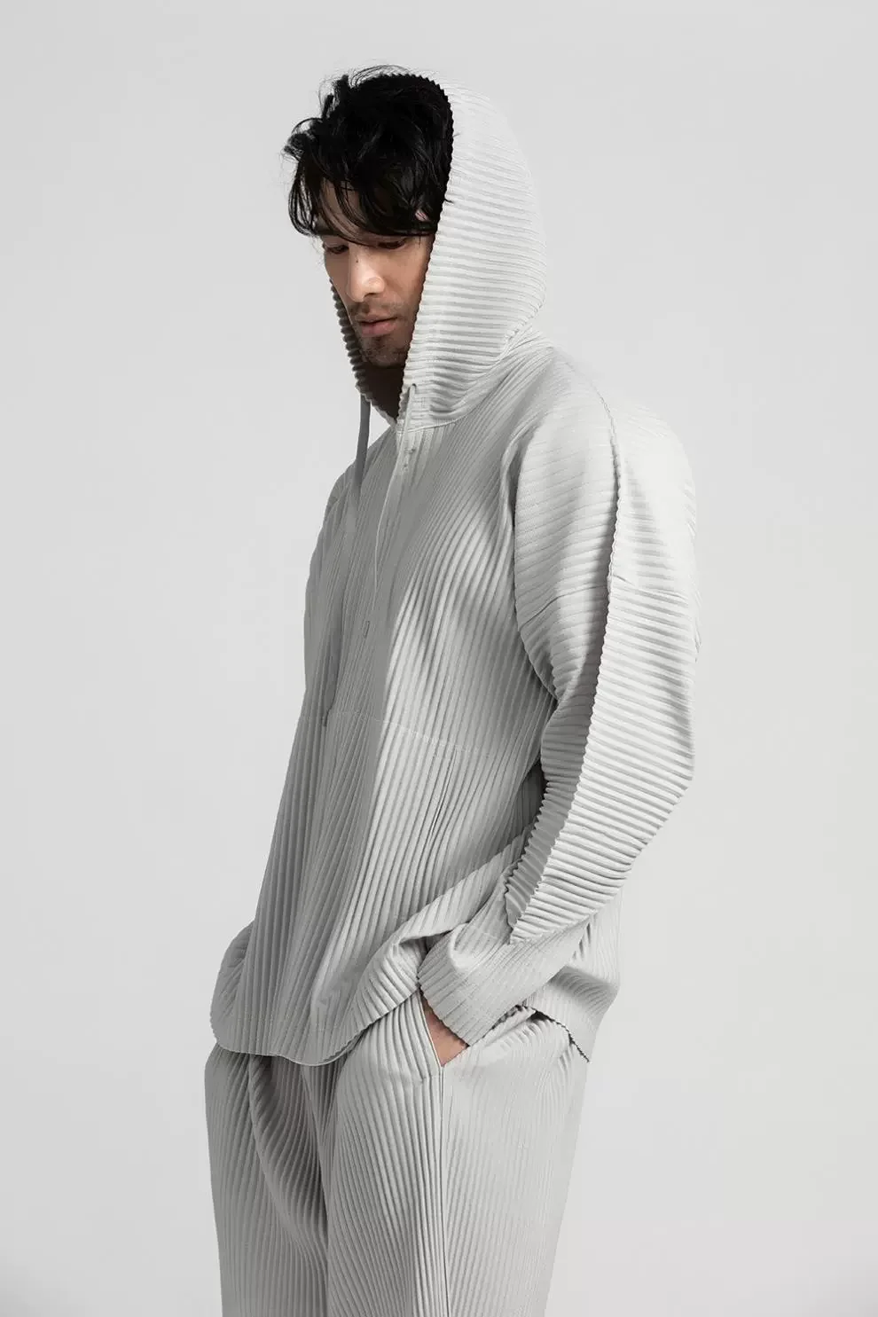 Miyake Pleated Hoodies For Men Breathable Loose Drawstring Casual Top