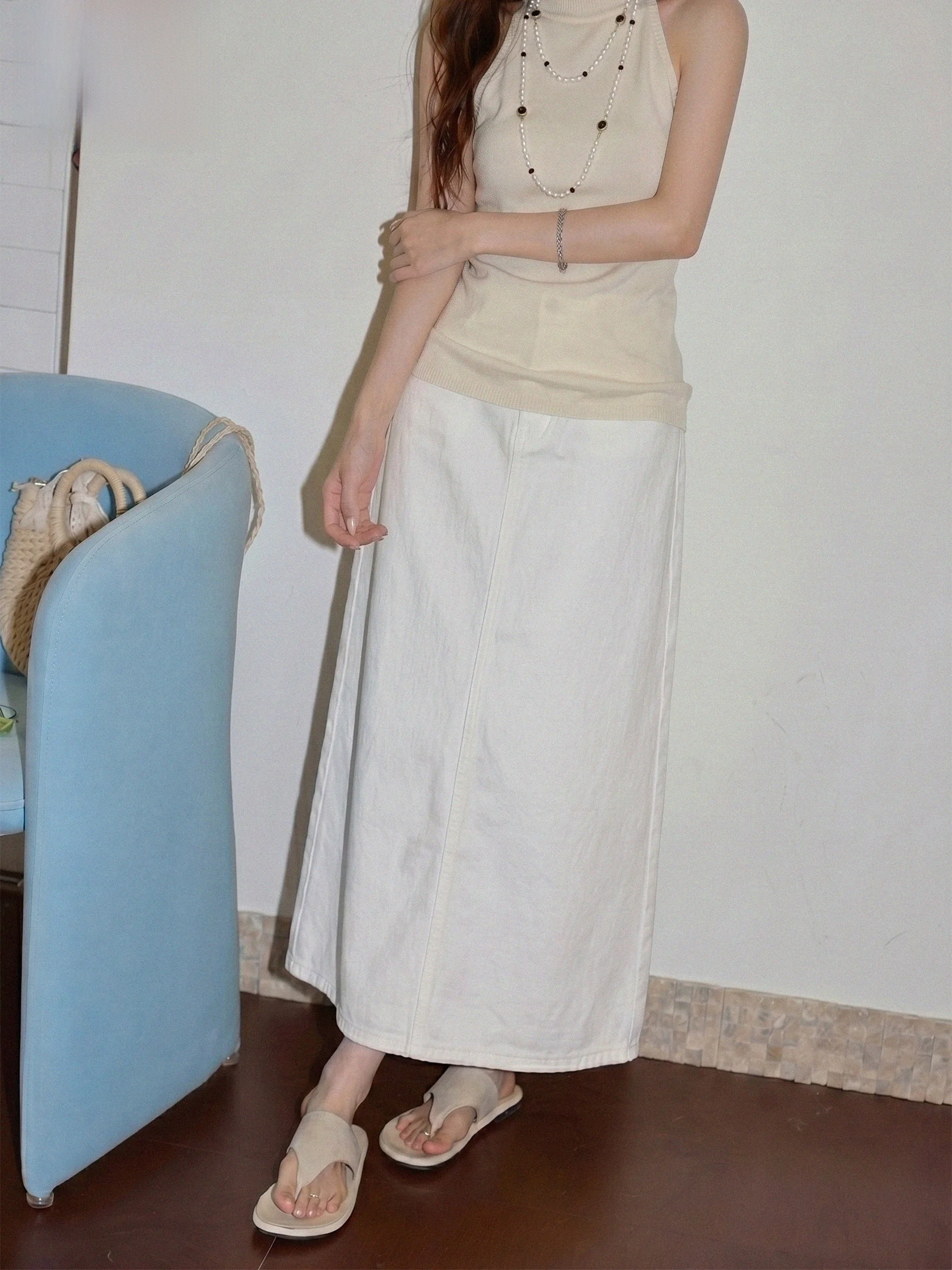 

White High Waist A-Line Skirt Women's Denim Skirt Summer Design Sense Back Split Draped Style Casual Fashion Skirt
