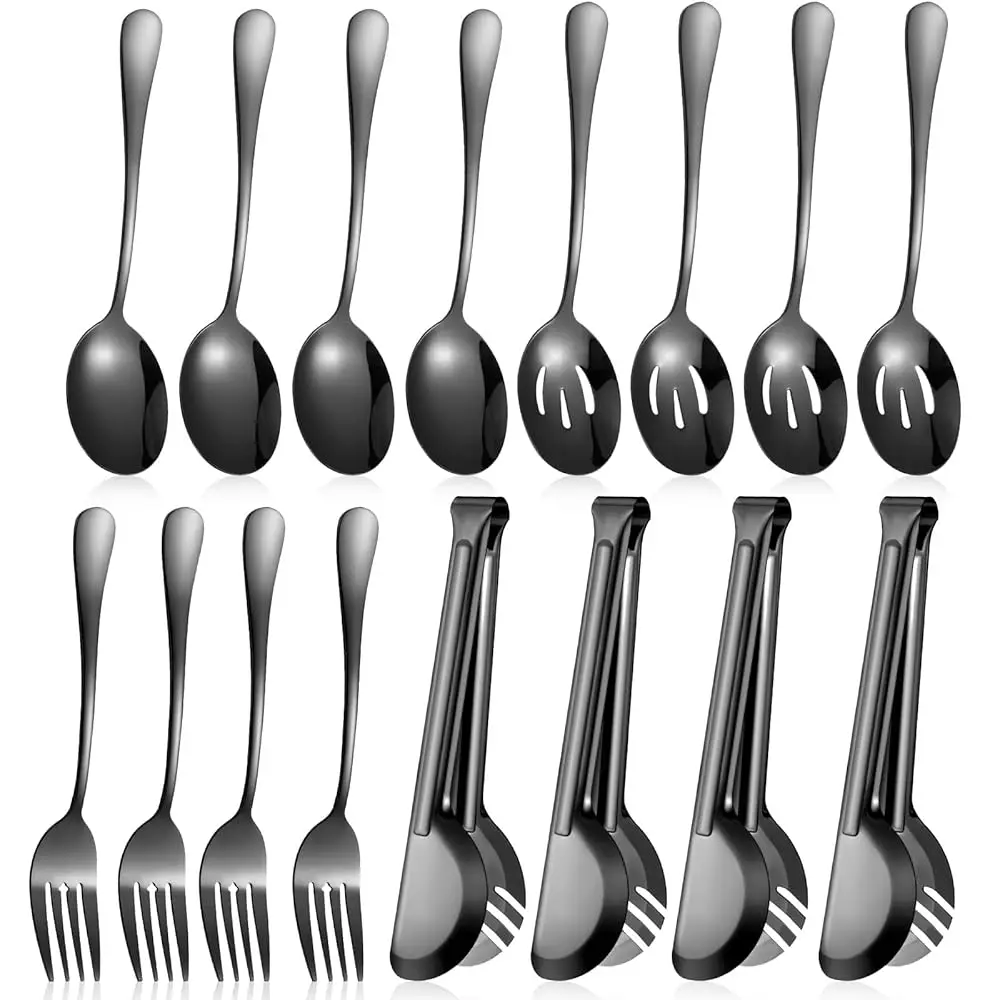 

15 Pieces Stainl Steel Serving Utensils Set 8.7"" Large Spoons And Slotted Spoon 9.45"" Tong 9"" Serving Forks Flatware Wedding