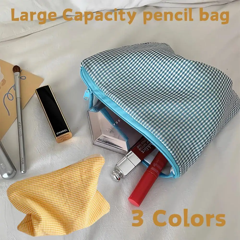 Simple Plaid Makeup Bag Cotton Polyester Zipper Pouch Purse Large Capacity Storage Bag Fashion Cosmetic Bag Portable Makeup Bag
