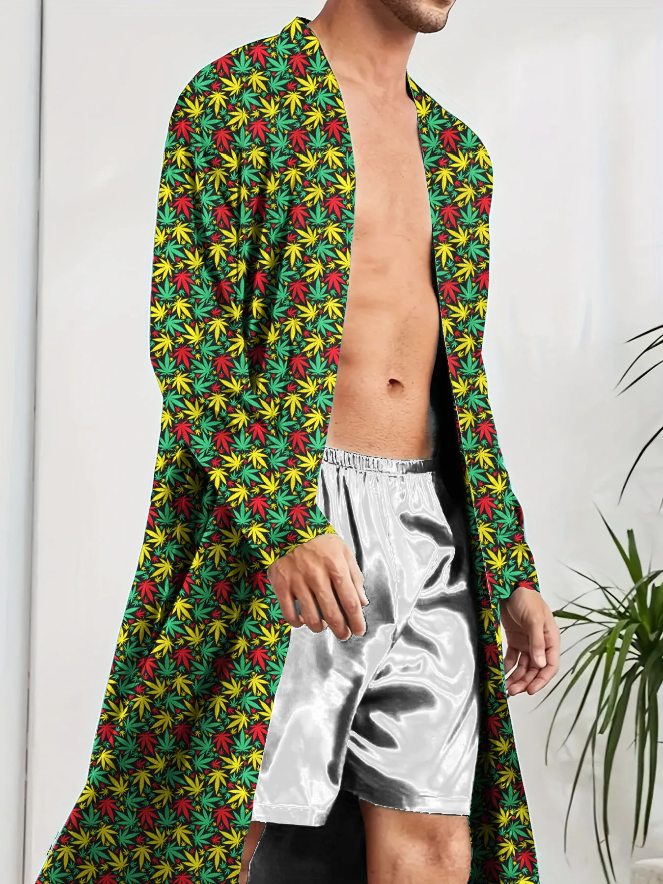 New digital printed leaf pattern men's nightgown, quick drying, spring and autumn casual home men's Long Nightgown