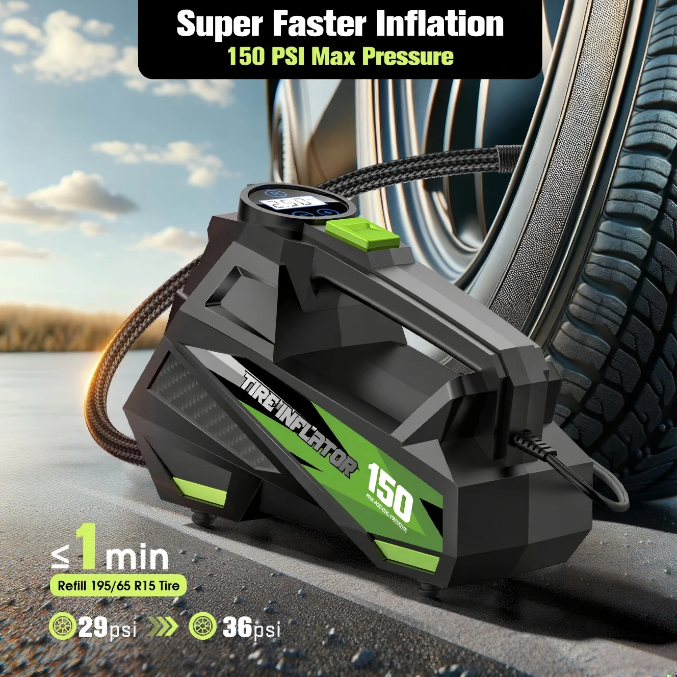 Carsun 12V Wired Compressor: Electric Inflator for Moto/Bike, Auto Inflation, Digital Display & Tire Pressure Monitor