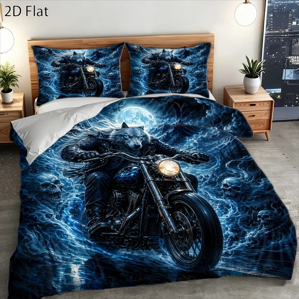 3Pc Dark Gothic Wolf Head Rider Skull Moon Night Duvet Cover Set, Three-Piece Bedding Set (1 Duvet Cover + 2 Pillowcases), Suitable for All Seasons, Machine Washable, with Invisible Zipper, Large Double Bed Cover Set, Suitable for Home, Dormitory, Master Bedroom, Guest Room, Cool Motorcycle Style Magical Skull Decorative Bedding, Trendy Personalized Bedroom Bedding Set, Popular Dark Style Three-Piece Bedding Set