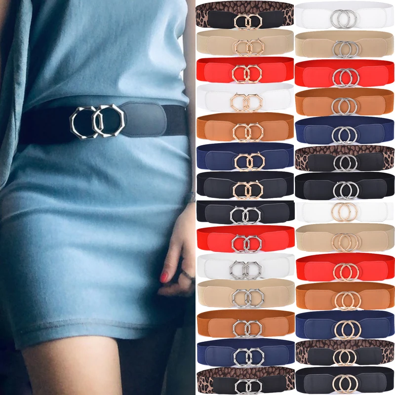 Women's Girdle Elastic Stretch Wide Waist Belts W Double Rings Buckle Cummerbunds Ladies