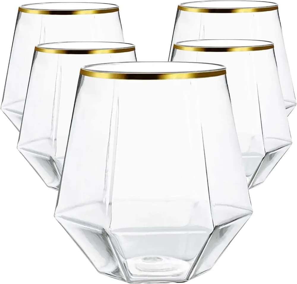 

120 count Diamond Unbreakable Stemless Plastic Wine Champagne Whiskey Glasses Elegant Durable Disposable Indoor Outdoor Ideal