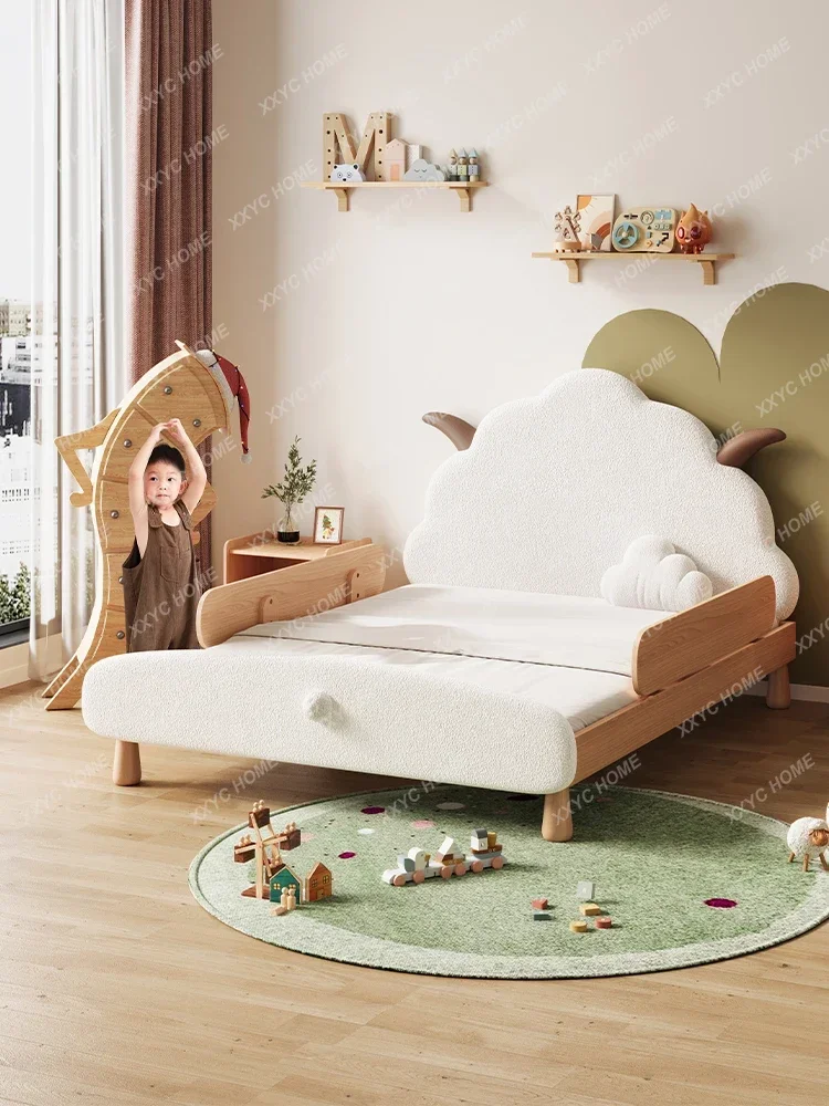 Modern simple girl princess bed boy with beech guardrail children's bed, childlike creative lamb solid wood bed