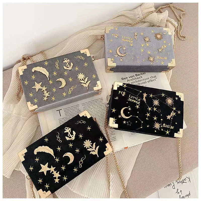 2022 Square Metal Badge Box Shape Handbag Purse Women Black Chain Party Clutch Bag Kawaii Shoulder Bag Crossbody Messenger Bag