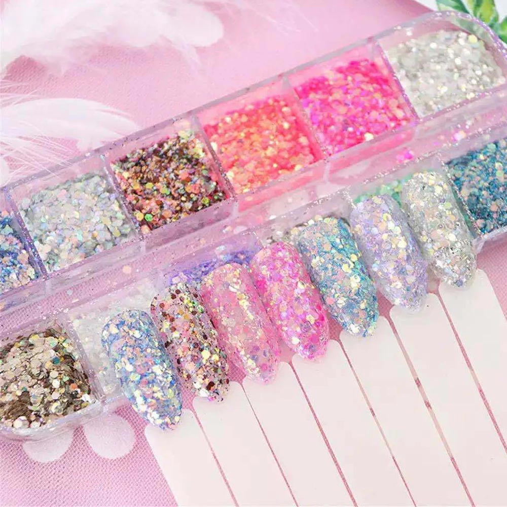 12Set Nail Glitter Holographic Pink BlingBling Mermaid Powder Flakes Shiny Press ON Hexagon Nail Art Pigment Dust Decoration