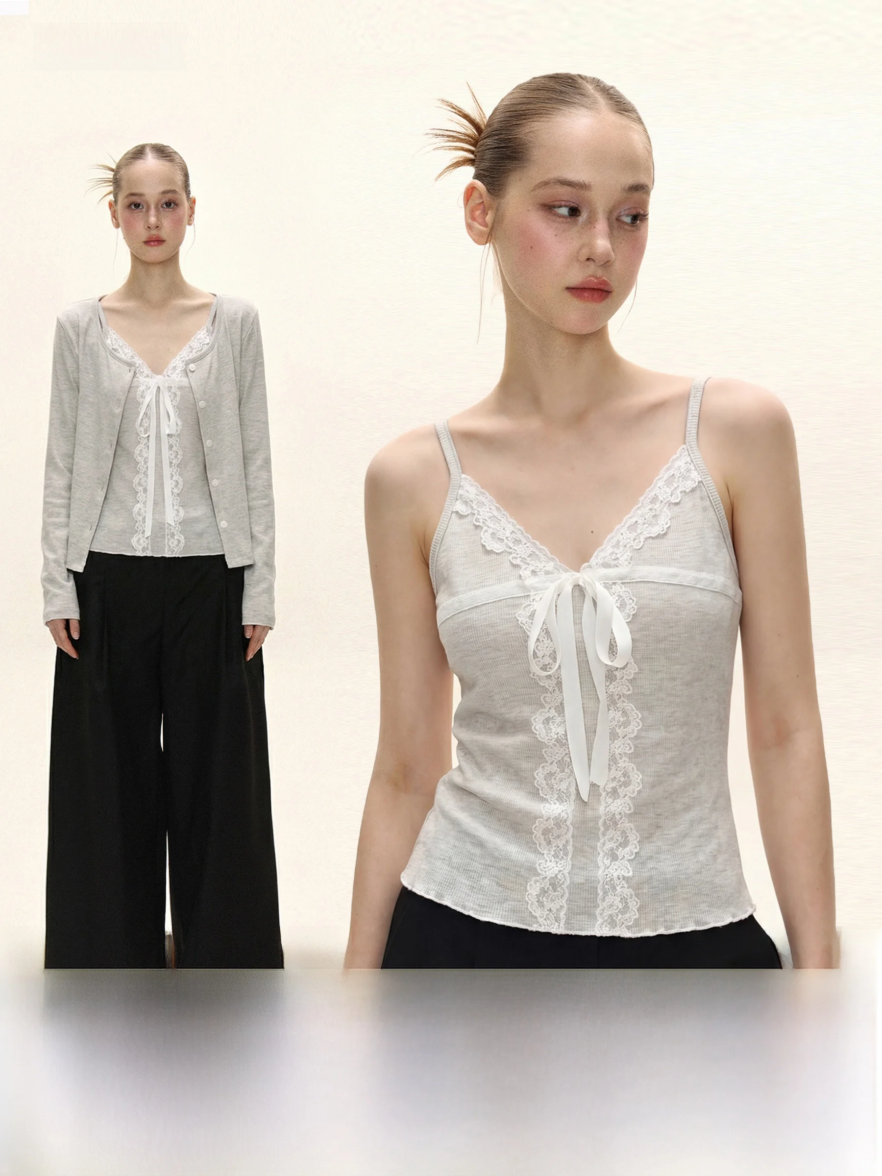 

Lace Splice Thin Outerwear Set Women Summer Casual Style V-Neck Sleeveless Cardigan Lace Trim Short Length Fashion Set