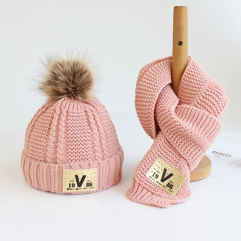Topi dan Syal Anak-anak Dua Potong Musim Gugur dan Musim Dingin Topi Pullover Bayi Anak Laki-laki dan Perempuan Topi Wol Rajutan dengan Penebalan Beludru T