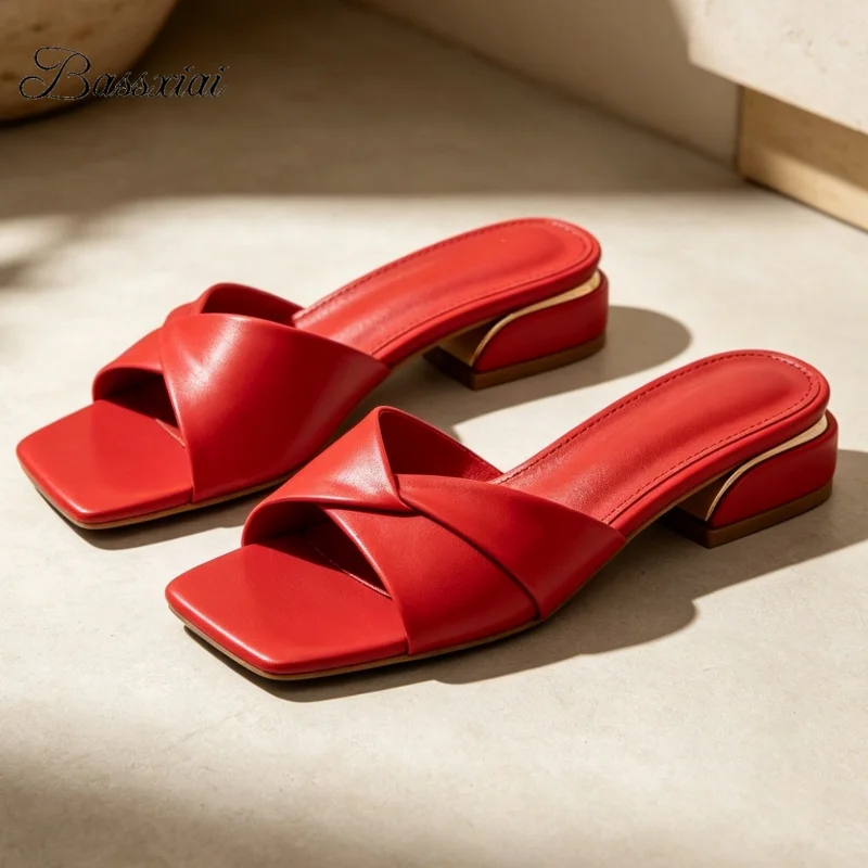 

Concise Style Square Open Toe Slim Women Slippers Slingbacks Solid Outwear Mules For Girls Spring Summer