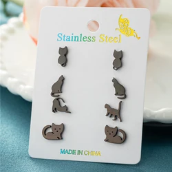 4Pair/Lot Cute Kitten Ear Studs Fashion Golden Stainless Steel Cat Earrings Sets for Women Minimalist Jewelry Kitty Accessories
