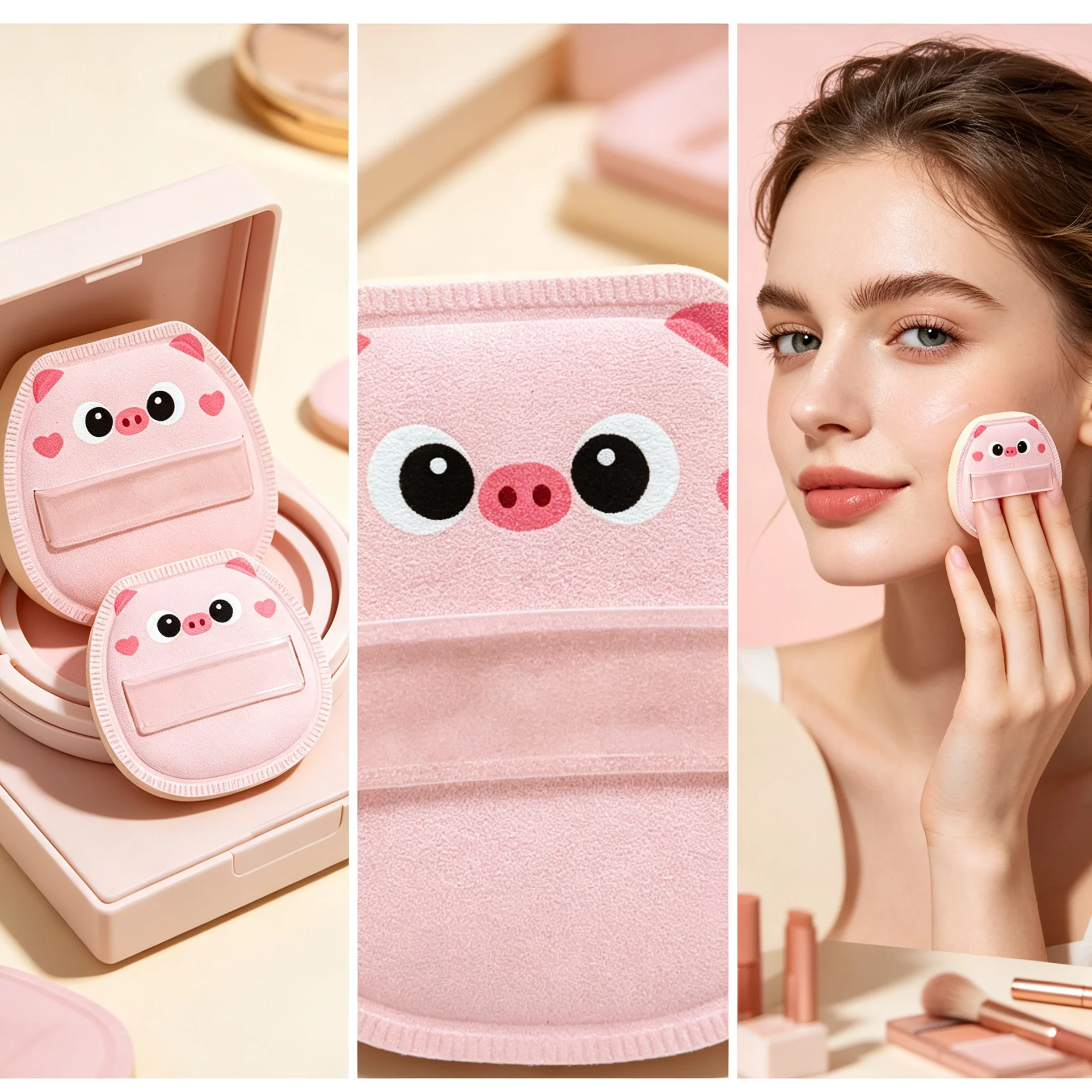 2 pcs: Cute Cartoon Little Pigs Cushion Sponges in Two Sizes, Dual-Function (Wet/Dry) Powder Sponges