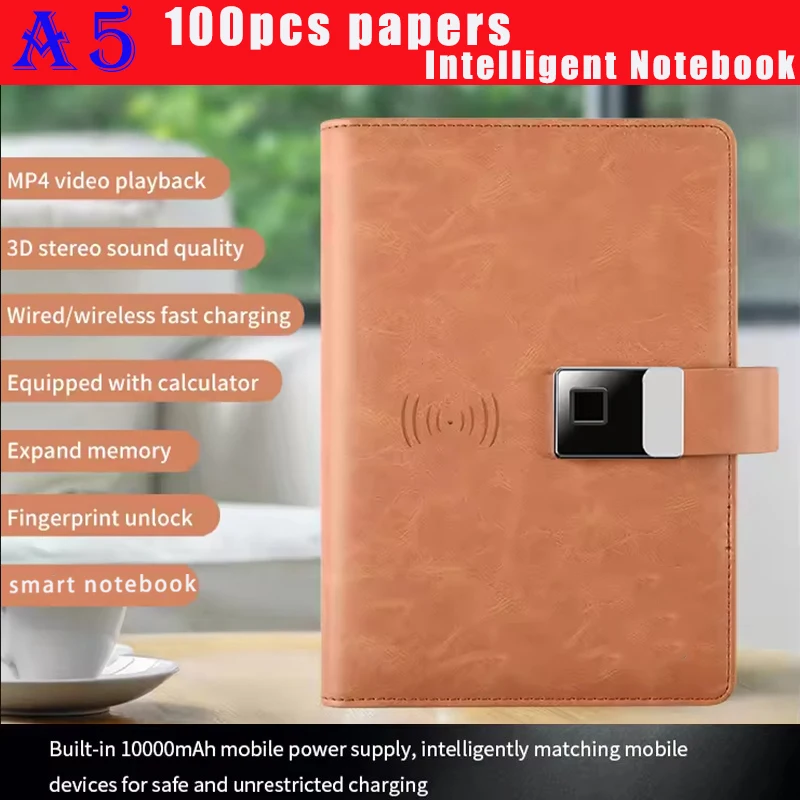 A5 Smart Notebook-Wireless Charger 10000mAh,Fingerprint Unlock,Card Pocket,Calculator,Vedio Music Player,HD Display Notebooks