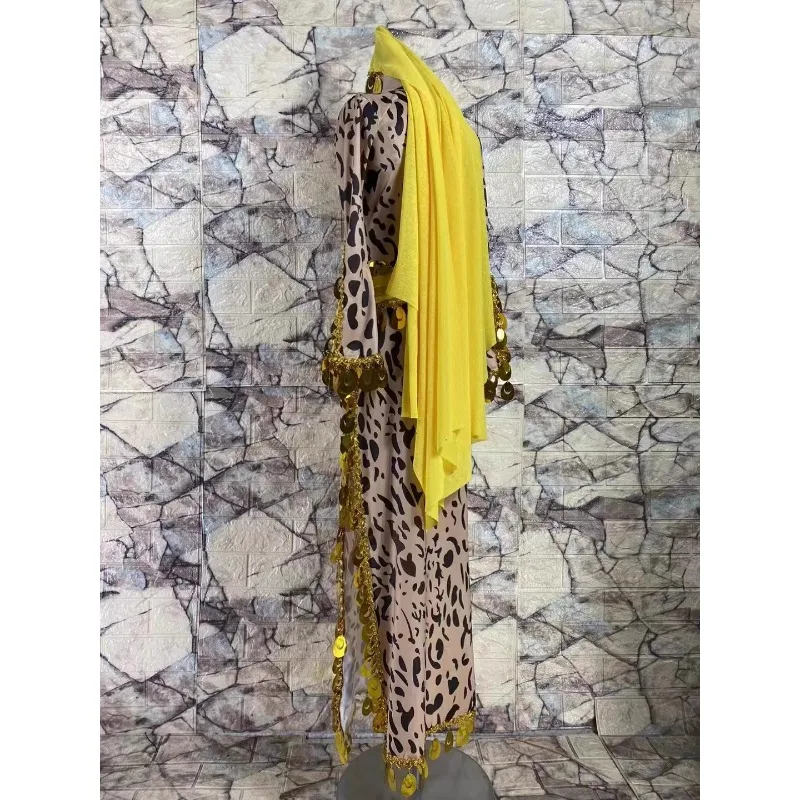 Customized Belly Dance Costumes Leopard Pattern Slimming Robe Headscarf Shining Belt Oriental Dance Baladi Saidi Robe Dress