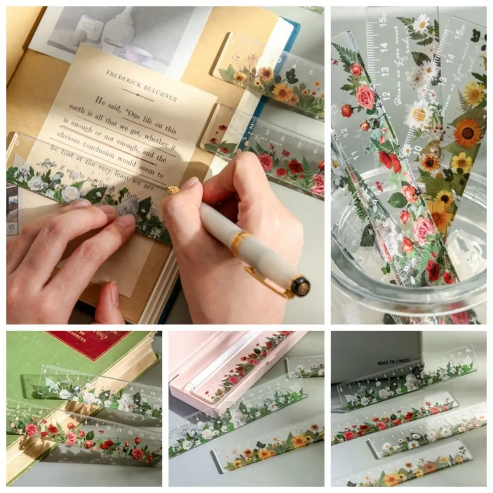 Multifunction 15cm Straight Ruler Creative Double-duty Transparent Math Drawing Ruler Rose Daisy Drafting Ruler Student