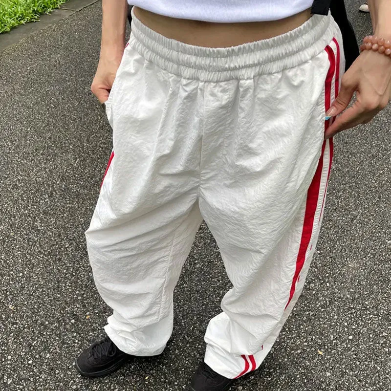 

Casual straight-leg pants women's summer thin high-waisted striped stitching INS wind wide-leg loose sports trousers