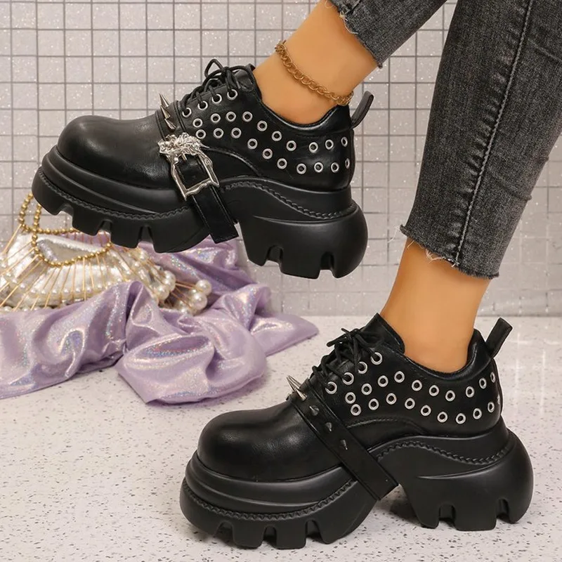 2026 Womens Platform Shoes Round Toe Chunky High Heel Lace Up Metal Eyelets Spike Studs Decorative Buckle for Outdoor Walk Shoes