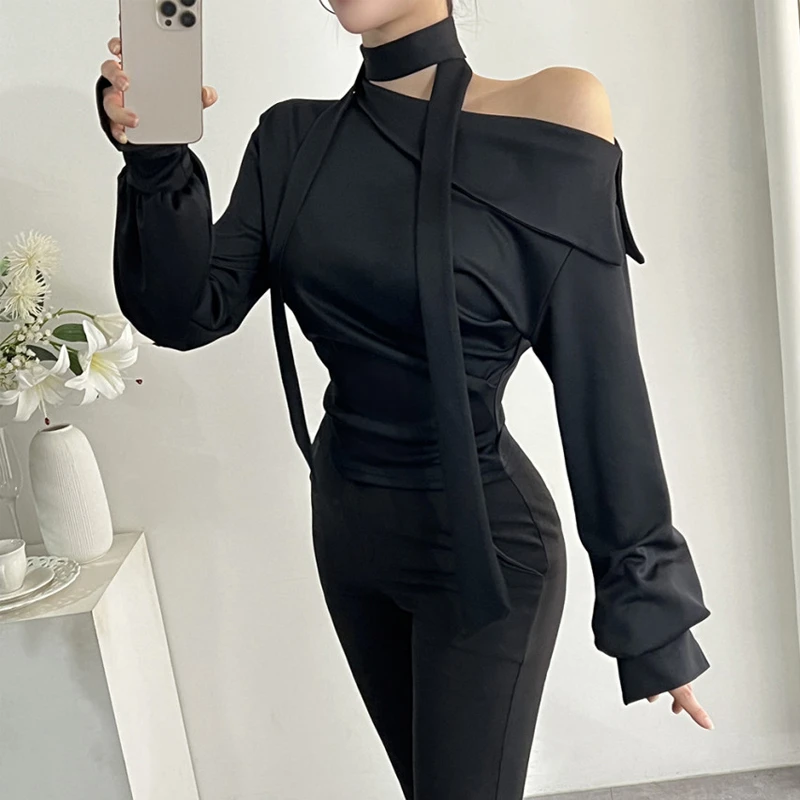 Neploe Korean Elegant Temperament Satin Shirt Femme 2024 Early Autumn Simple Solid Color Long Sleeve Hanging Neck Slim Blouses