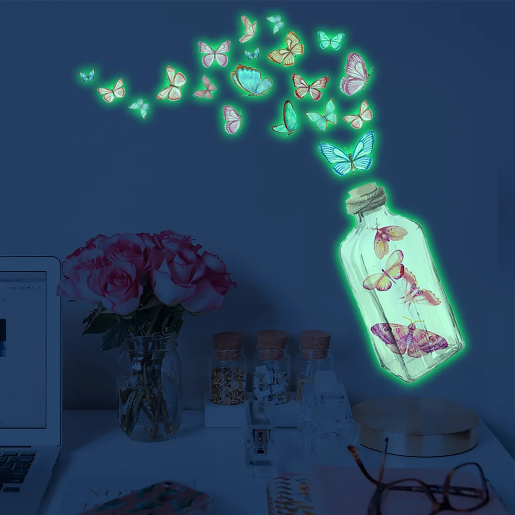 Colorful Luminous Butterfly Glass Bottle Wall Sticker Bedroom Kids Room Decor Wallpaper Home Decoration Glow In The Dark Decals