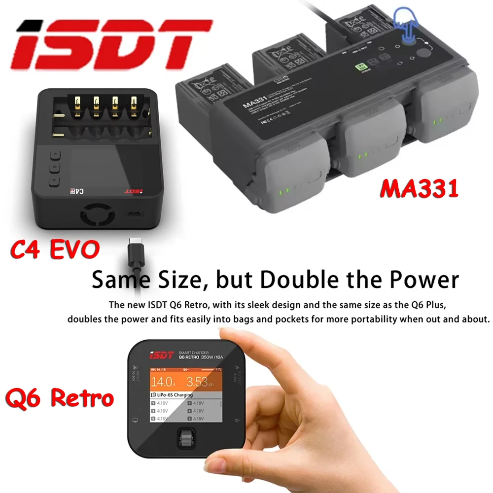 

ISDT MA331 C4 EVO Q6 Retro 350W Balance Charger Discharger for DJI Air3 RC Li-Po Li-Hv Li-Ion Li-Fe NiMH Ni-Cd AA AAA Battery