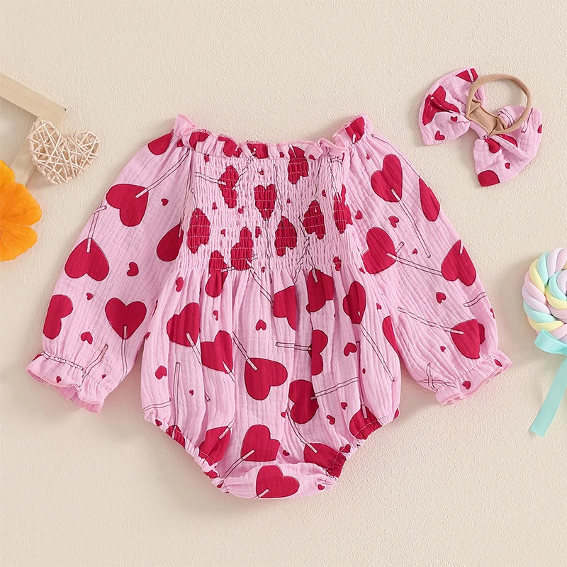 

Valentine s Day Toddler Girls Love Heart Print Long Sleeve Romper with Matching Bow Headband 2 Piece Set for Infants