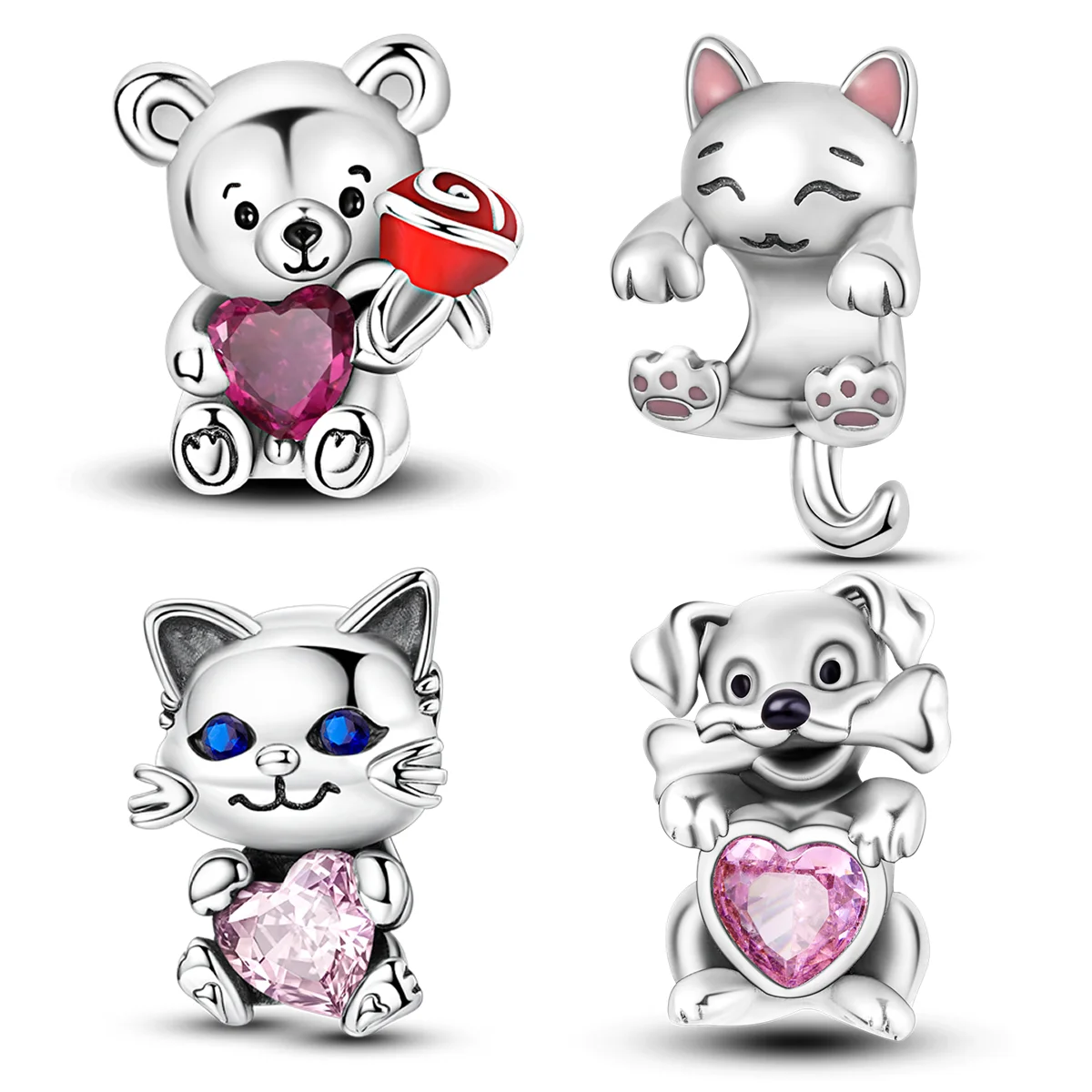 925 Sterling Silver Lovely Pets Charms Bead CZ Zircon Little Bear Cat Puppy Dangle Fit Original Bracelet Lover DIY Women Jewelry