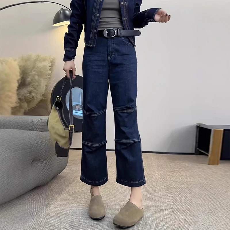 

High Waist Elastic Denim Jeans Women's Loose Straight Leg Wide Leg Pants Autumn Winter plus Size Casual Wear Resistant