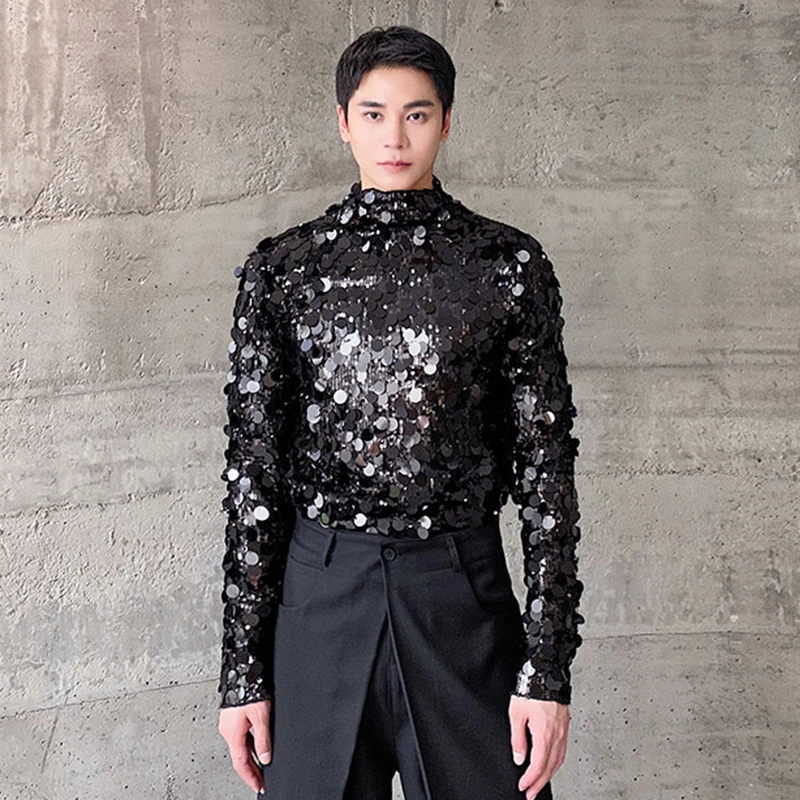 IEFB Sequin T-shirts Men\'s Wear Elgance Men Long Sleeve Top Autumn Trend Stand Neck Slim Male Tees Chic Personality New 9C2612