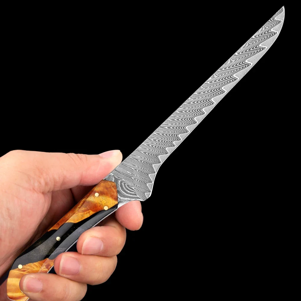 Japanese Professional Damascus Boning Knife Fillet Knife Damascus Steel Kitchen Fish Knife for Fish Poultry Chicken Meat Cutting
