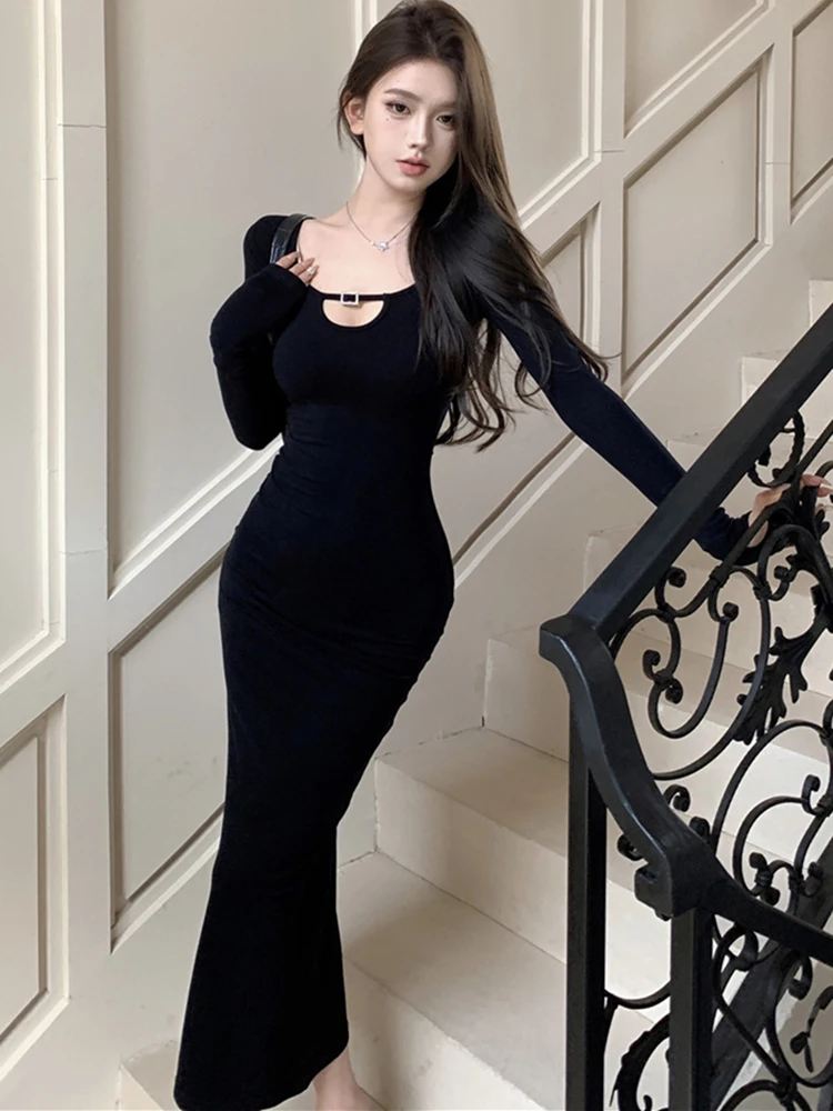 Herfst Winter Zwart Gebreide Holle Vierkante Kraag Sexy Jurk Vrouwen Elegante Luxe Lange Jurk 2025, Koreaanse Bodycon Feestjurk