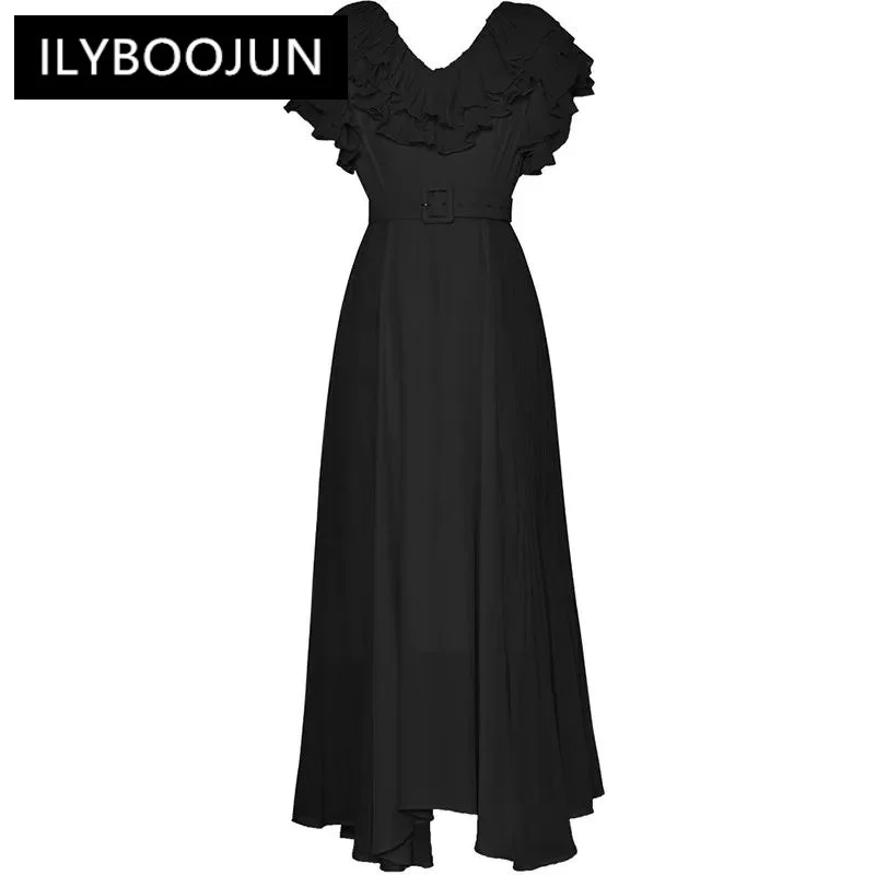 

ILYBOOJUN Summer Women's Dress V-Neck Tiered Ruffles Elegant Butterfly sleeve Design Lace-UP Vintage Solid Color Dresses