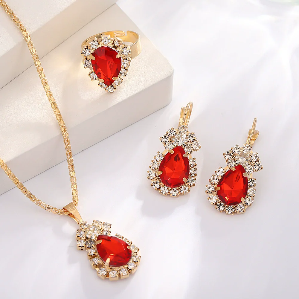 Trendy Red Water Droplet Rhinestones Jewelry Sets for Women Pendant Necklace Open Ring Drop Earrings 3pcs/set Elegant Jewelry