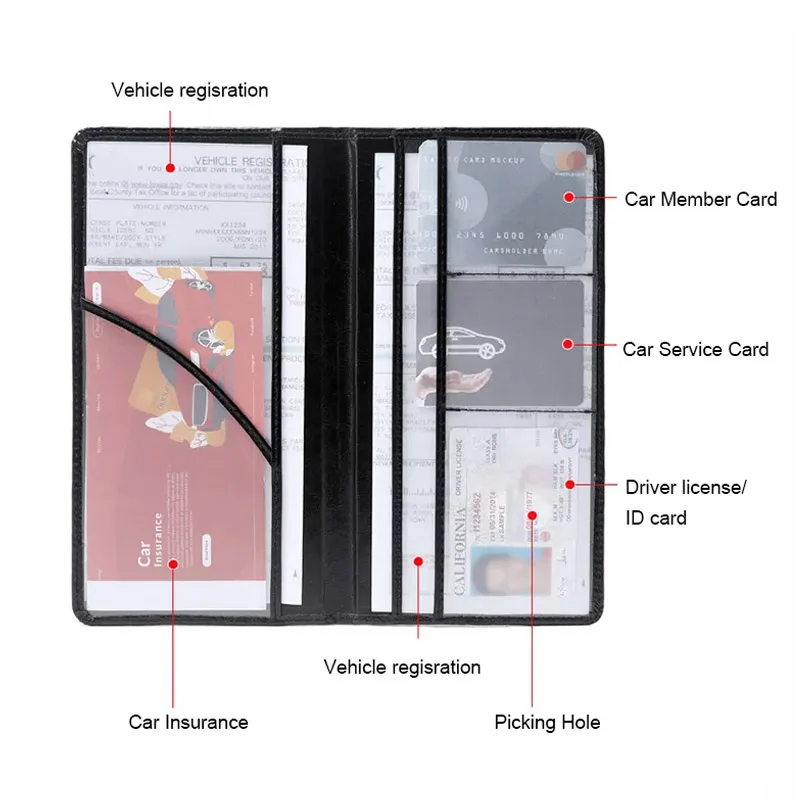 Essentiel pour le stockage des documents, planificateur de véhicule automobile, veste de chèque d'immatriculation et d'assurance, pièces automobiles, paquet de cartes
