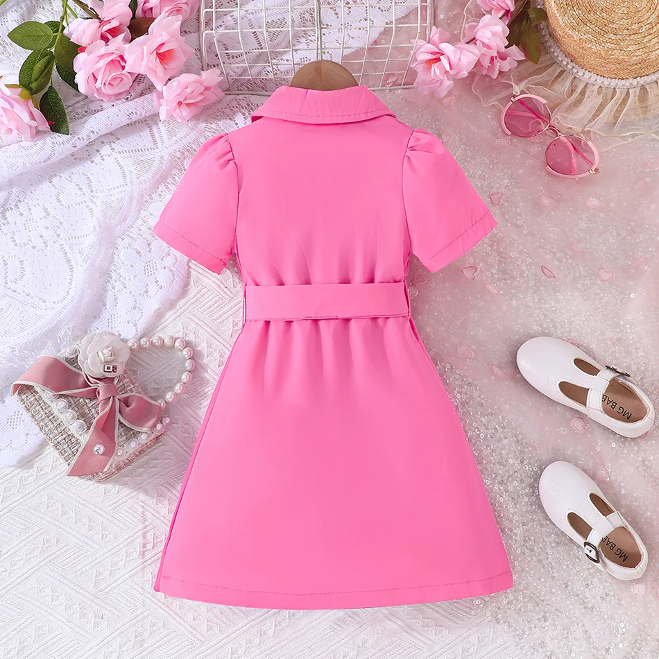 Stunning Summer Fashion Little Girls Chiffon Belted Suit Casual Dress with Puff Sleeves Perfect for Refreshing and Elegant Look