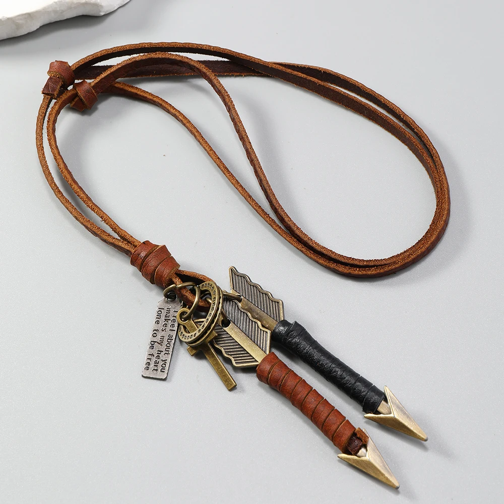 1 piece Handmade leather wrapped double arrow pendant necklace