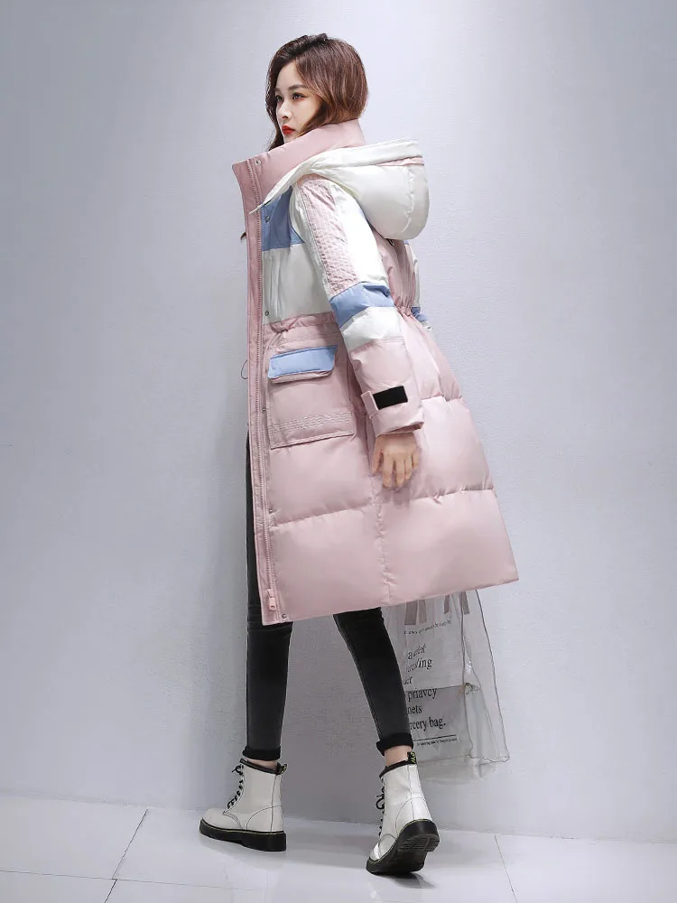 Long Down Jacket Women Thicken Winter Fashion Patchwork Color Contrast Hooded 90% White Duck Down Coat Female Parka Warm