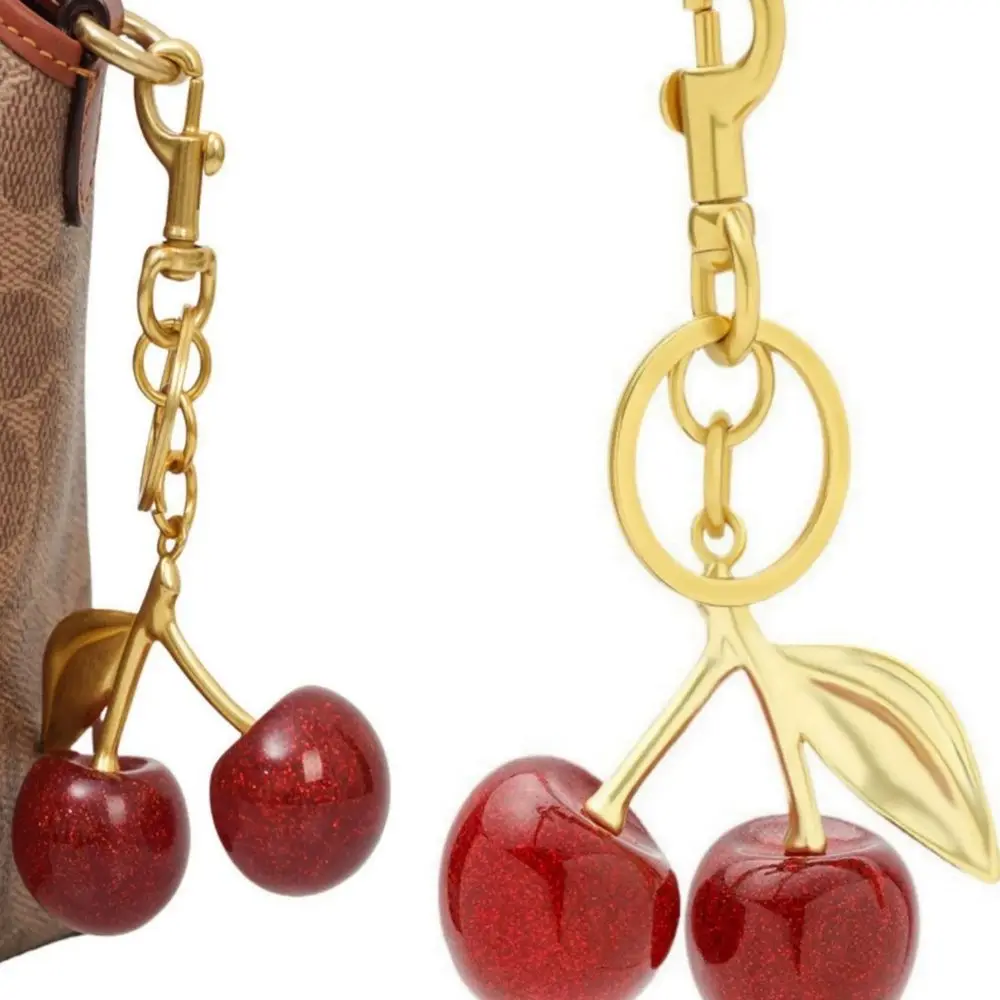 

Large Red Cherry Shaped Keychain With Golden Leaves, Sweet Style Bag Charm Accessory