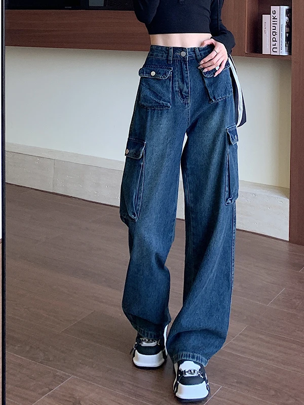 

Джинсы с несколькими карманами в стиле ретро, американские повседневные брюки с высокой талией и прямыми штанинами для женщин, осенняя коллекция, бренд ZHOUYOU