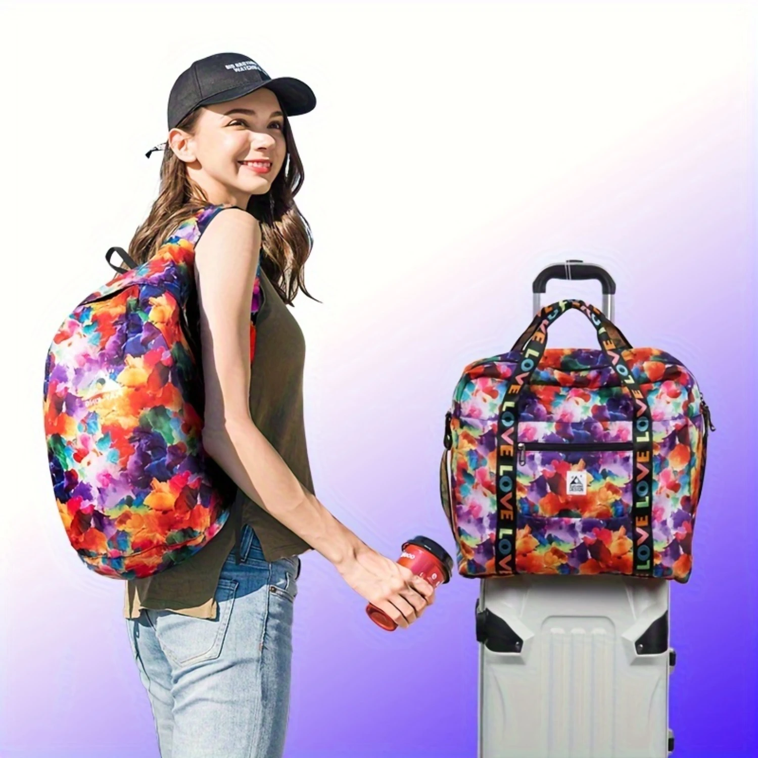 Over Printed Travel Duffel Bag, Zipper Luggage, Carry-on Bag & Clutch Pouch, Durable Crossbody Weekender Bags