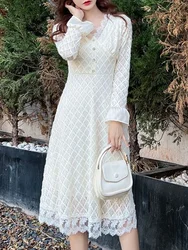 2024 Spring Elegant Lace Fairy Dress Women Sweet Vintage Sexy V-Neck Long Sleeve Dress Female Fashion Korean Casual Party Dress